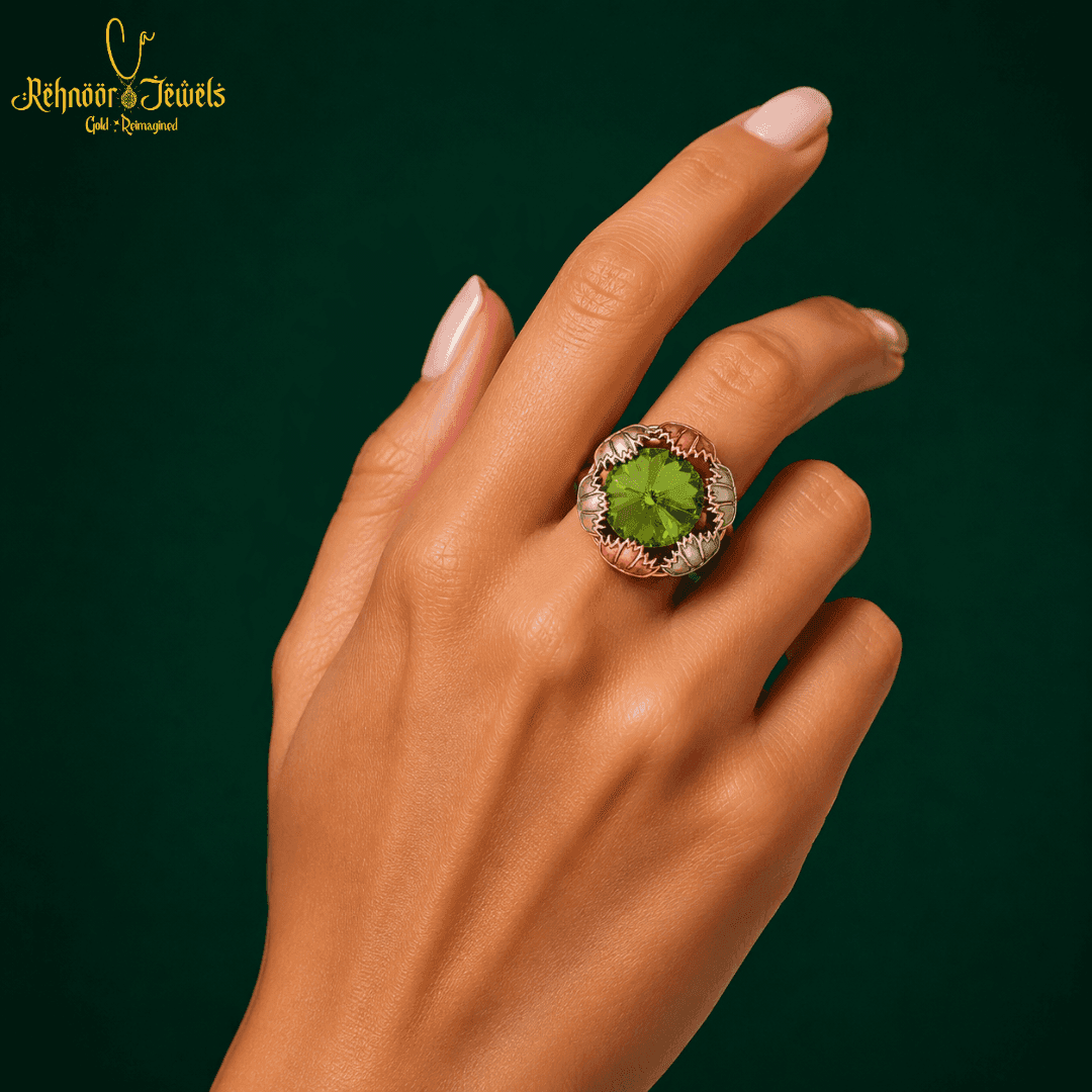 Gold Plated Green Crystal Flower Ring - view 1