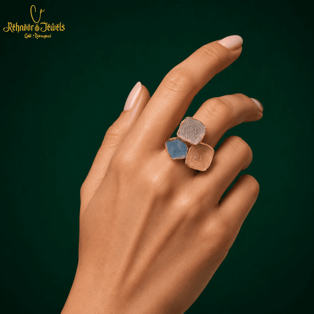 Tri-Tone Square Cocktail Gold Plated Ring - view 1