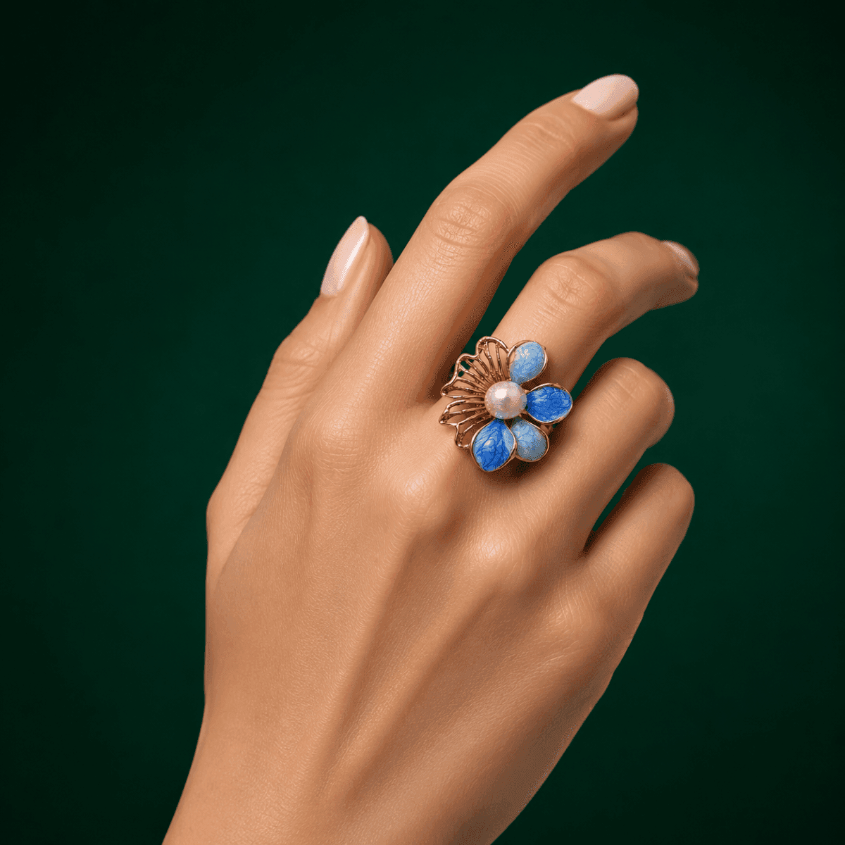Blue Enamel Floral Pearl Gold Plated Ring - view 1