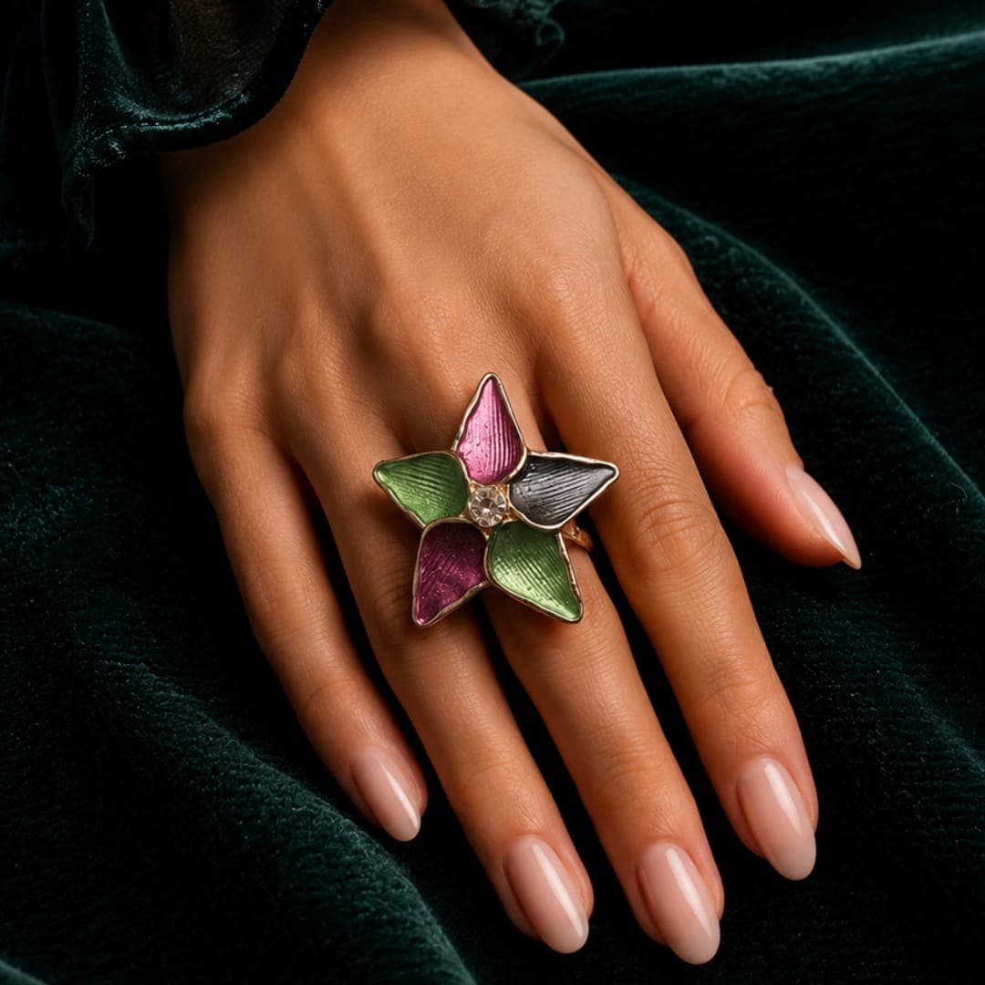 Multi-Color Star Flower Gold Plated Ring - view 1