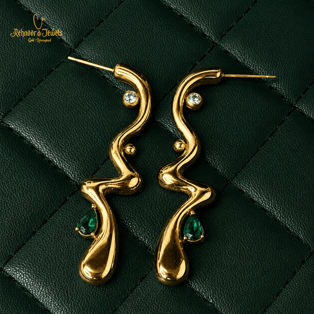 Abstract Wave Emerald Gold Plated Earrings - view 1