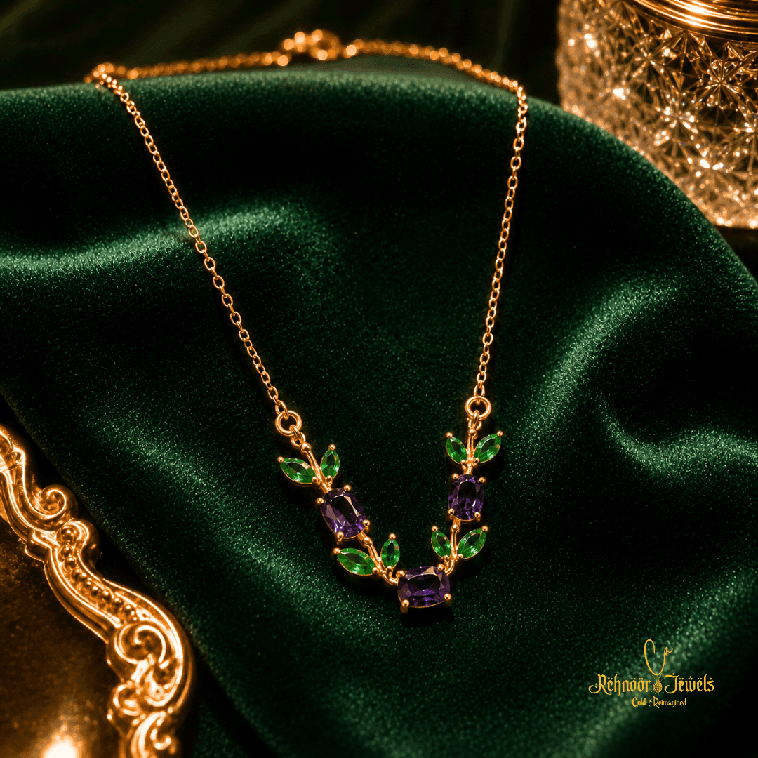 Botanical Tulip Amethyst and Emerald Green Stone Necklace - view 1
