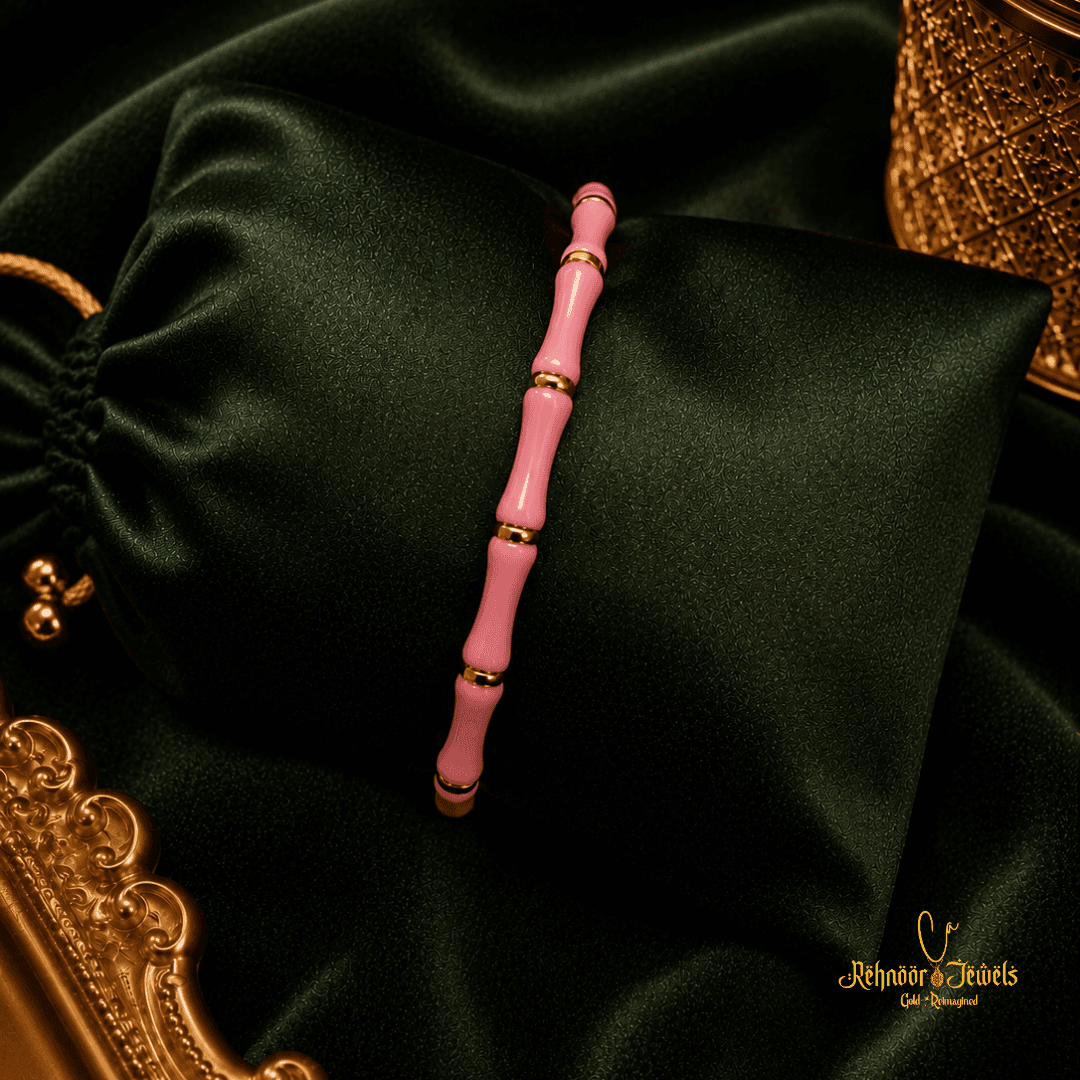 Zen Bamboo Segmented Gold and Pink Enamel Cuff Bracelet - view 1