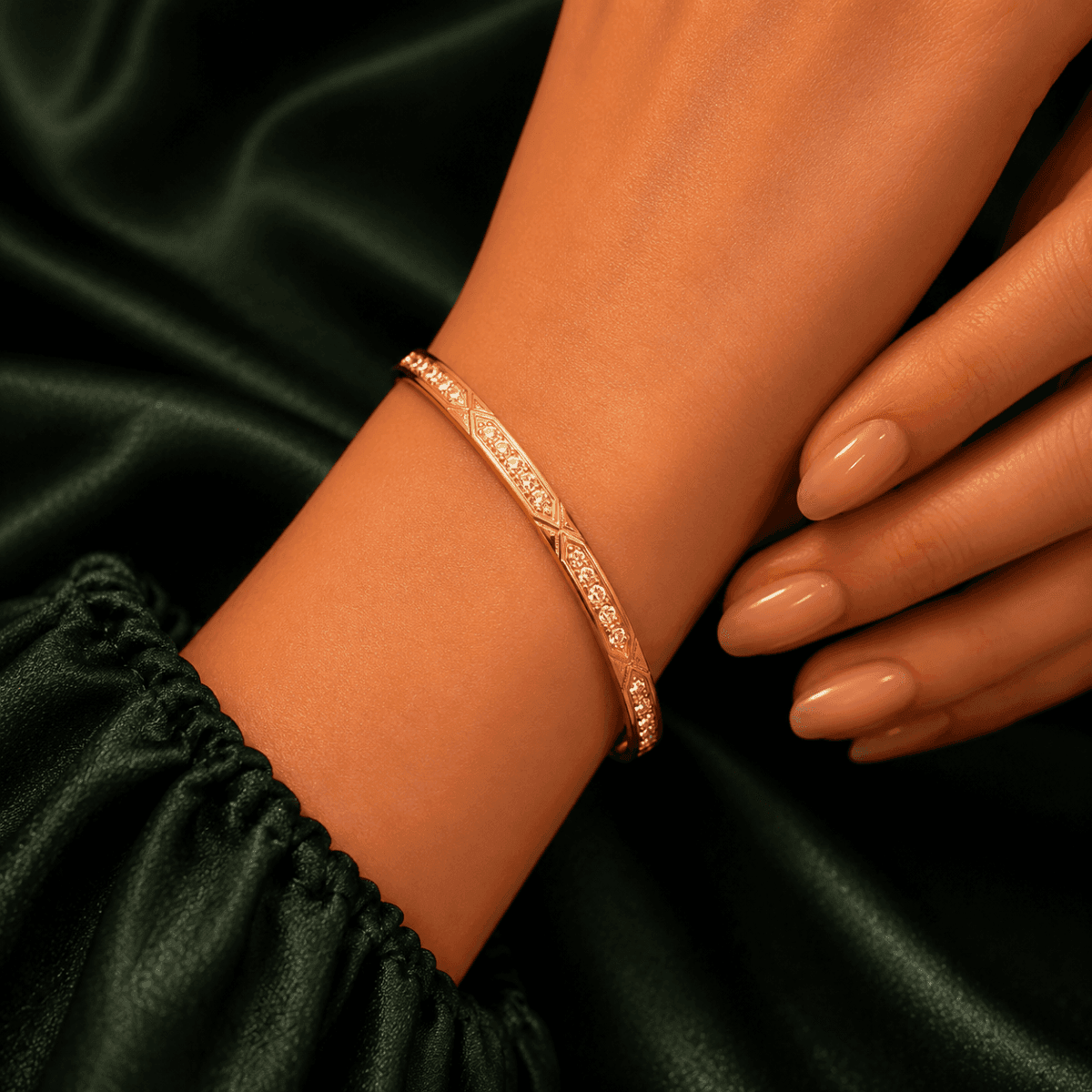 Vintage Textured Rose Copper Bangle Bracelet - view 2
