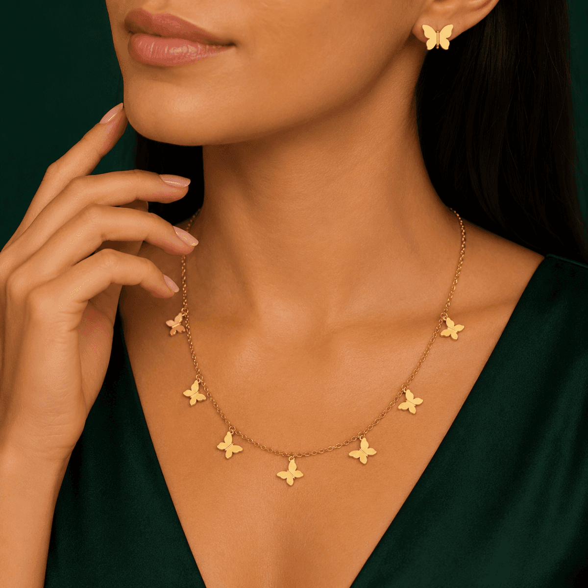 Butterfly Gold Plated Necklace with earrings - view 2