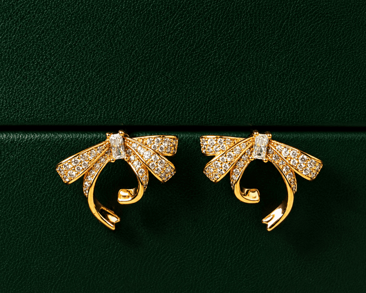 Diamond Ribbon Gold Plated Studs Earrings - view 1