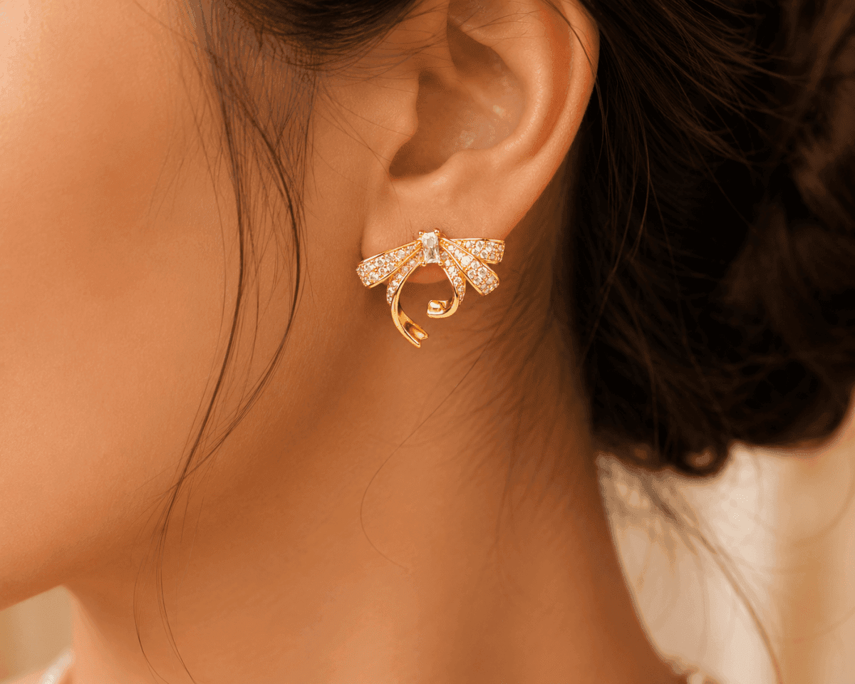 Diamond Ribbon Gold Plated Studs Earrings - view 2