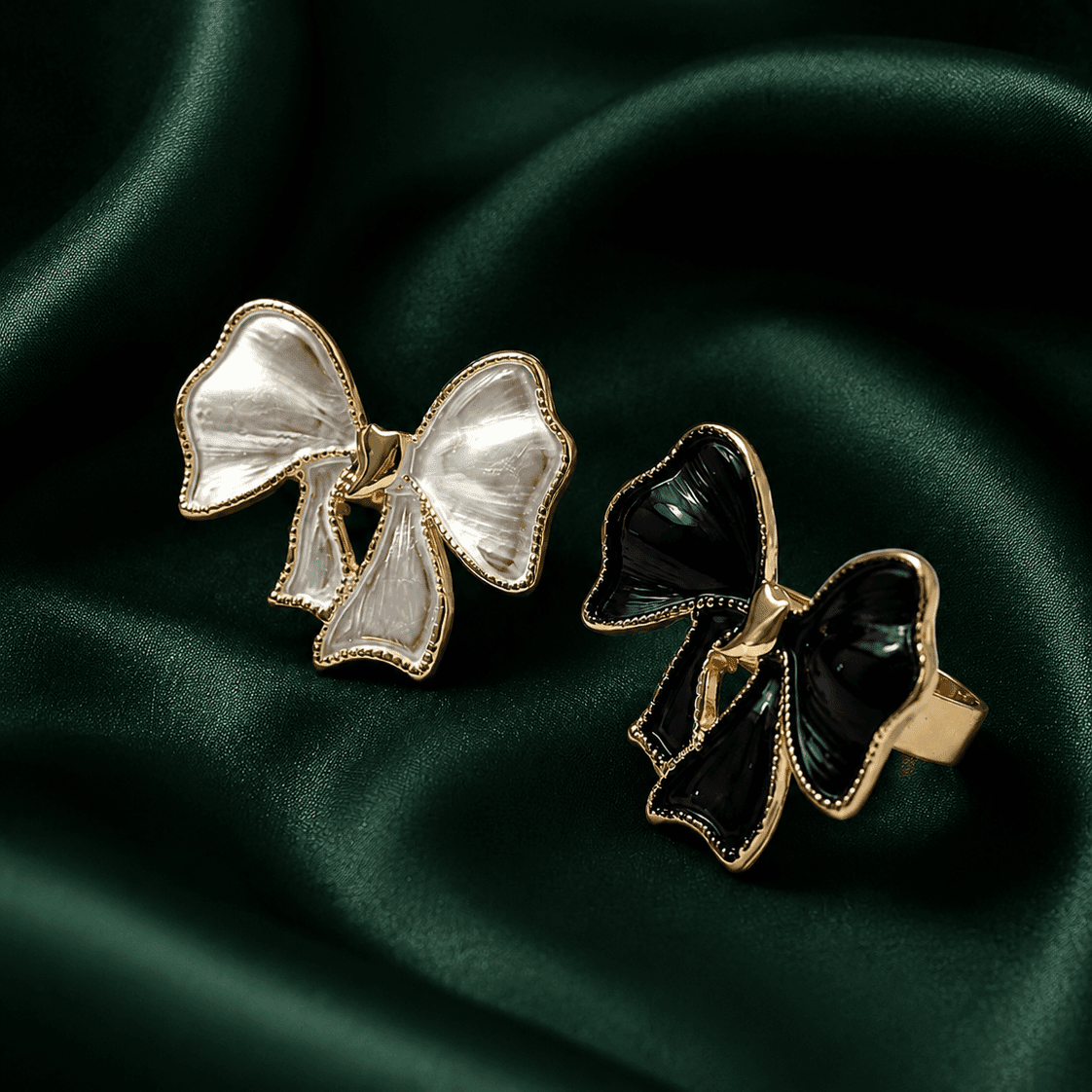 Monochrome Ribbon Bow Gold Plated Ring - view 1