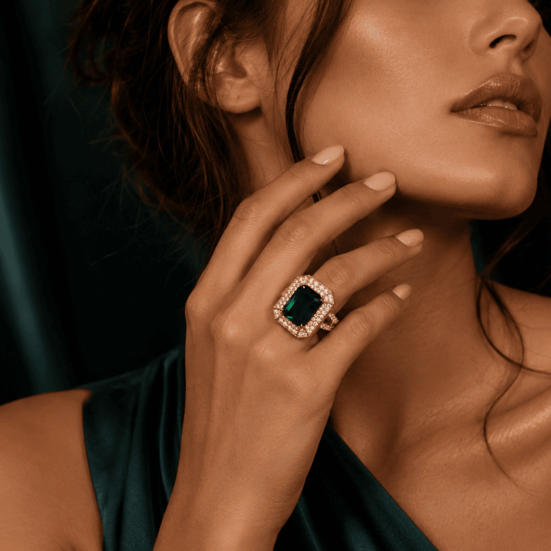 Imperial Emerald Halo Gold Palted Ring - view 2