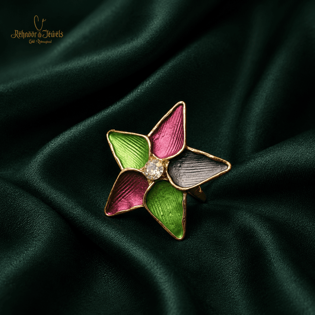 Multi-Color Star Flower Gold Plated Ring - view 2