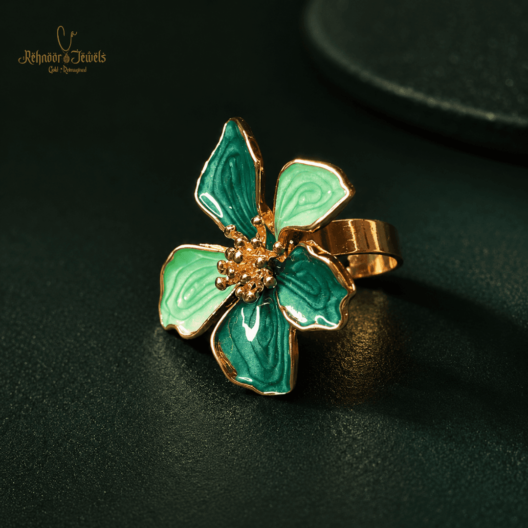 Elegant Green Floral Gold Plated Ring - view 2