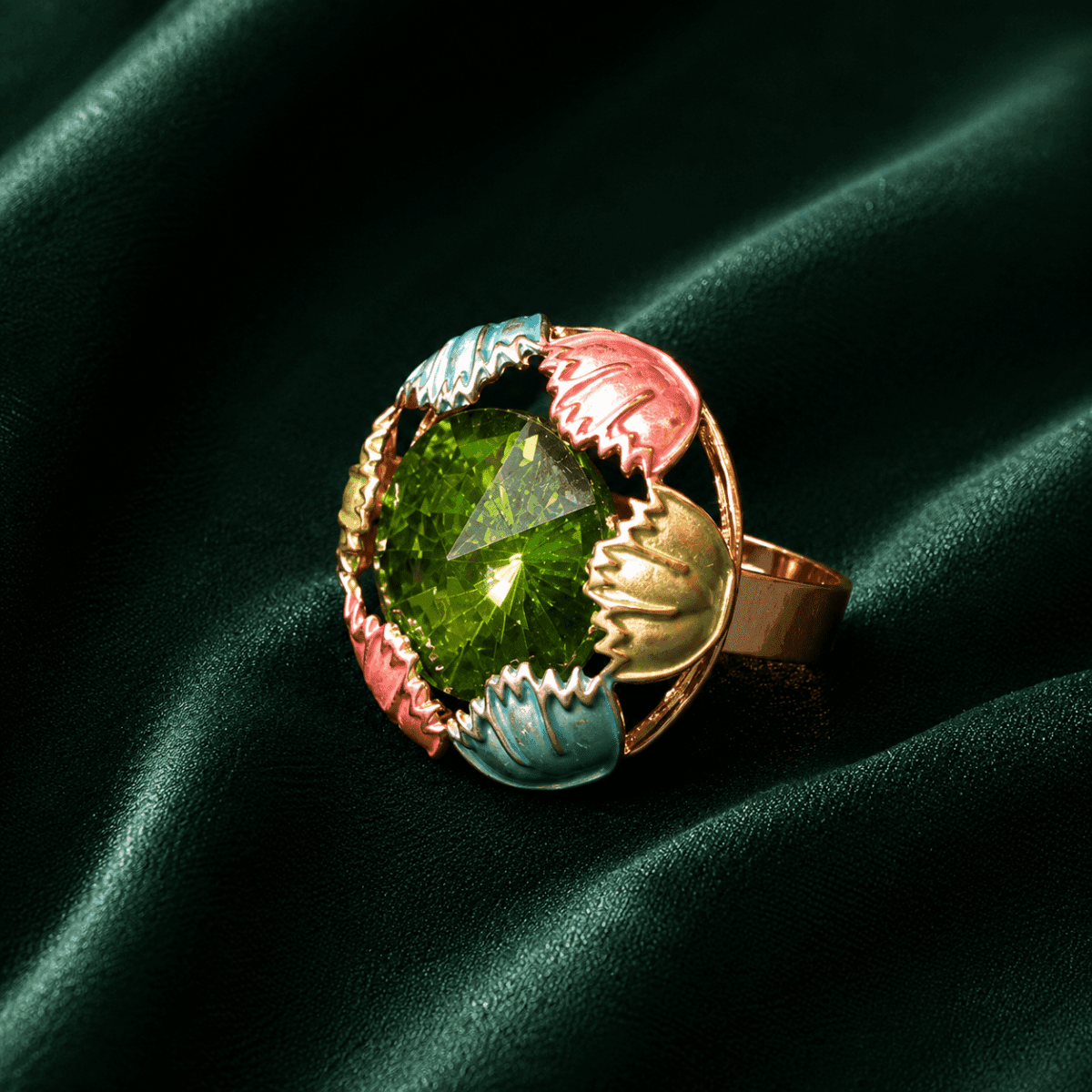 Green Crystal Flower Gold Plated Ring - view 2