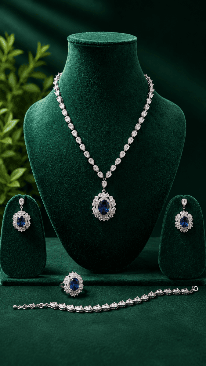 Luxury Sapphire Blue Stone Necklace Set - view 1