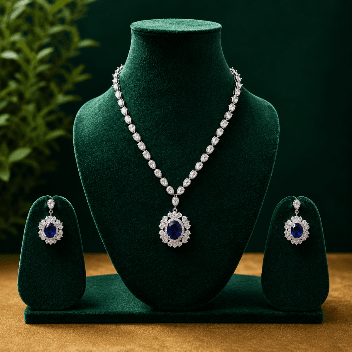 Luxury Sapphire Blue Stone Necklace Set - view 2