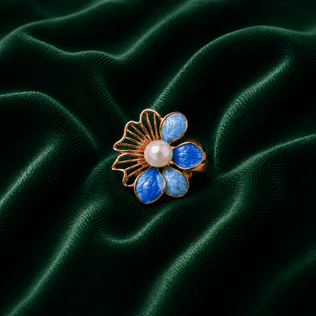 Blue Enamel Floral Pearl Gold Plated Ring - view 2
