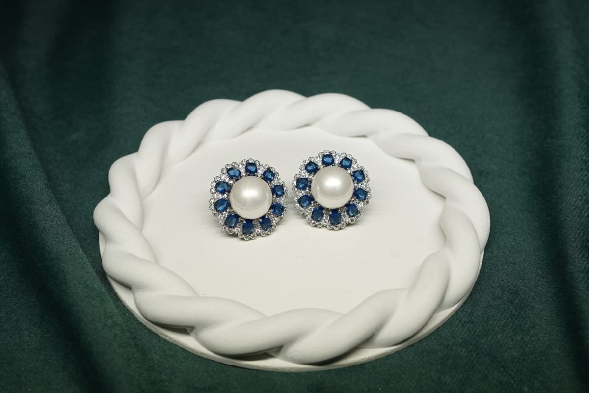 Sapphire Pearl Halo Studs - view 1