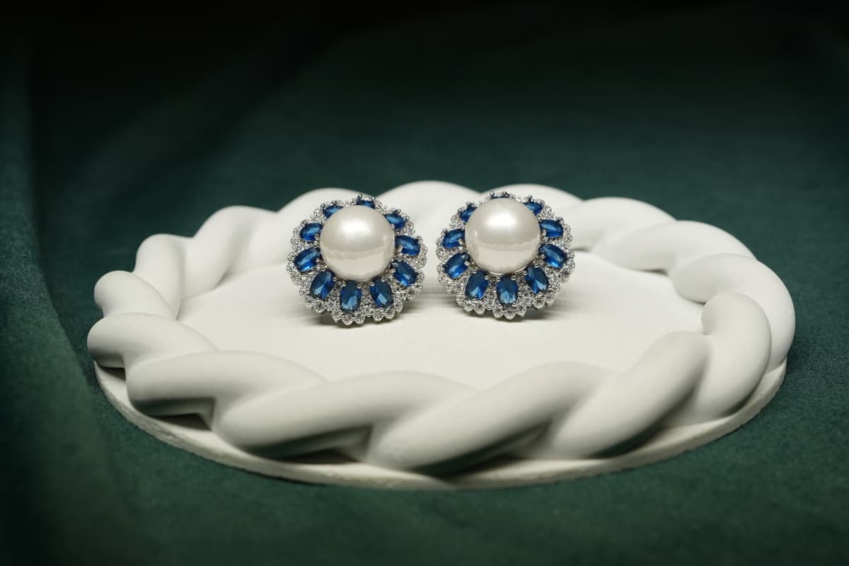 Sapphire Pearl Halo Studs - view 2
