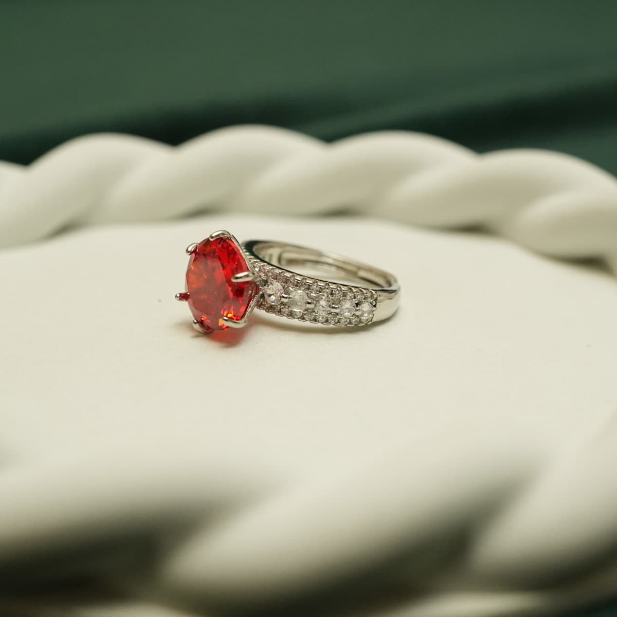 Suggested Name: Crimson Solitaire Halo Ring - view 1