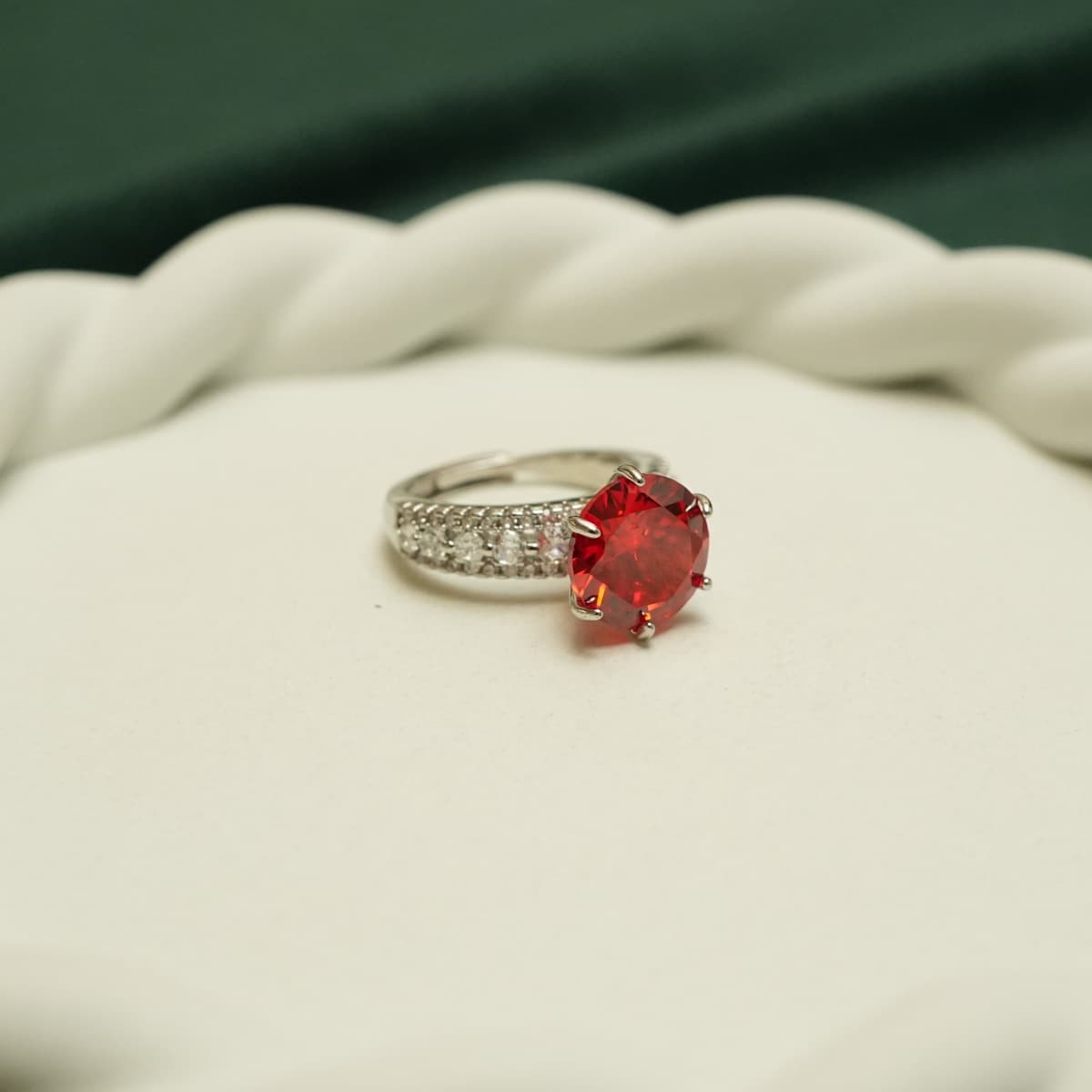 Suggested Name: Crimson Solitaire Halo Ring - view 2