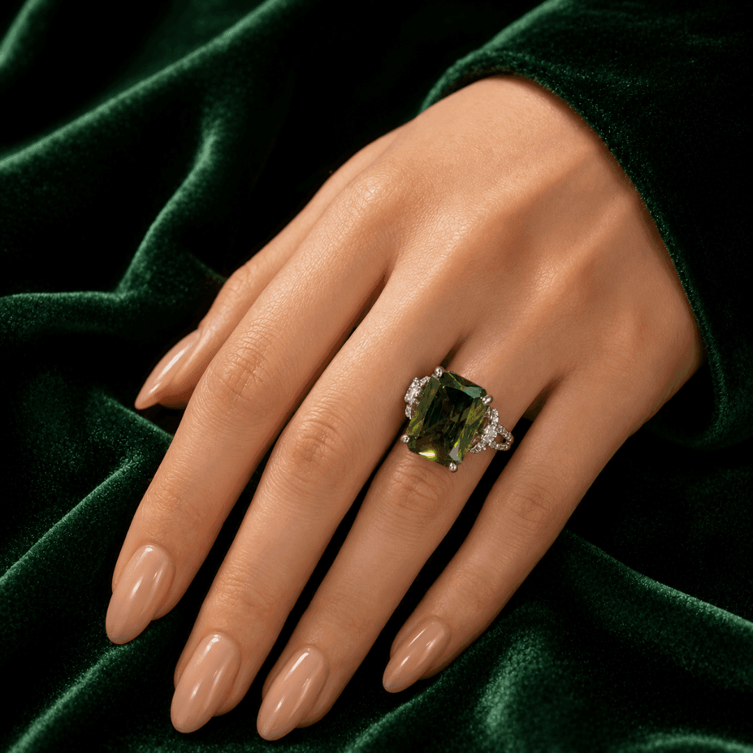 Majestic Aura Statement Olive Green Ring - view 1