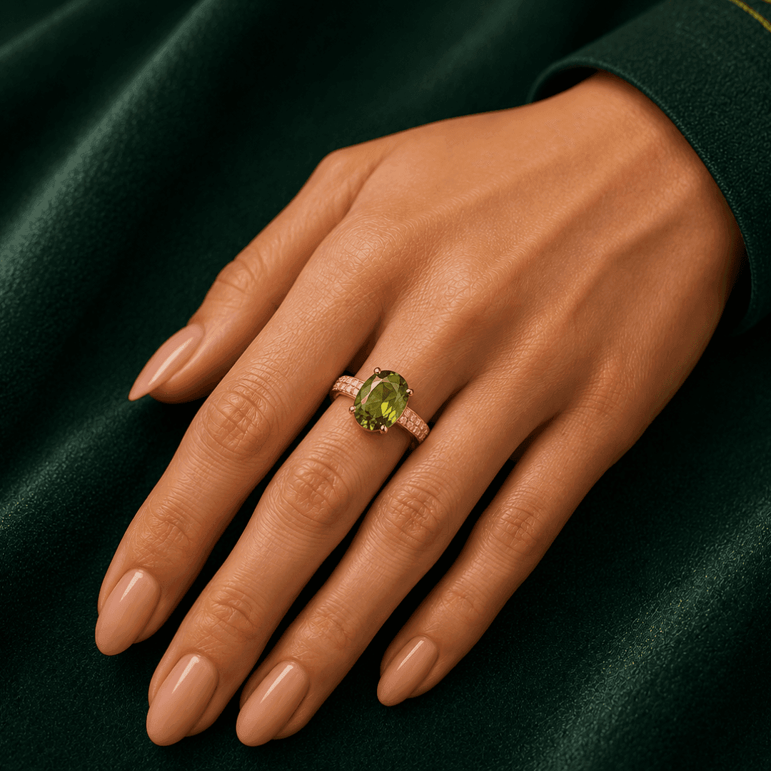 Oval Halo Elegance Olive Green Ring - view 2