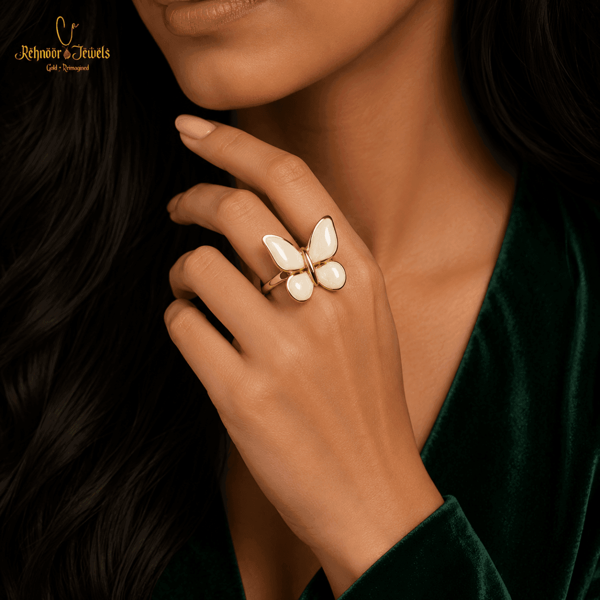 Enamel Butterfly Gold Plated Ivory White Ring - view 2