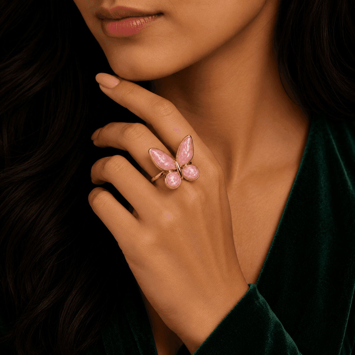 Enamel Butterfly Gold Plated Blush Pink Ring - view 2