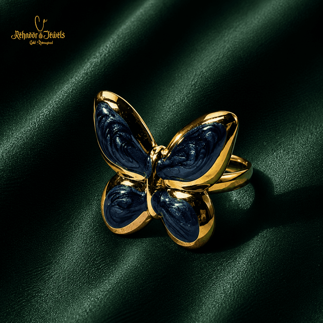 Enamel Butterfly Gold Plated Royal Blue Ring - view 1
