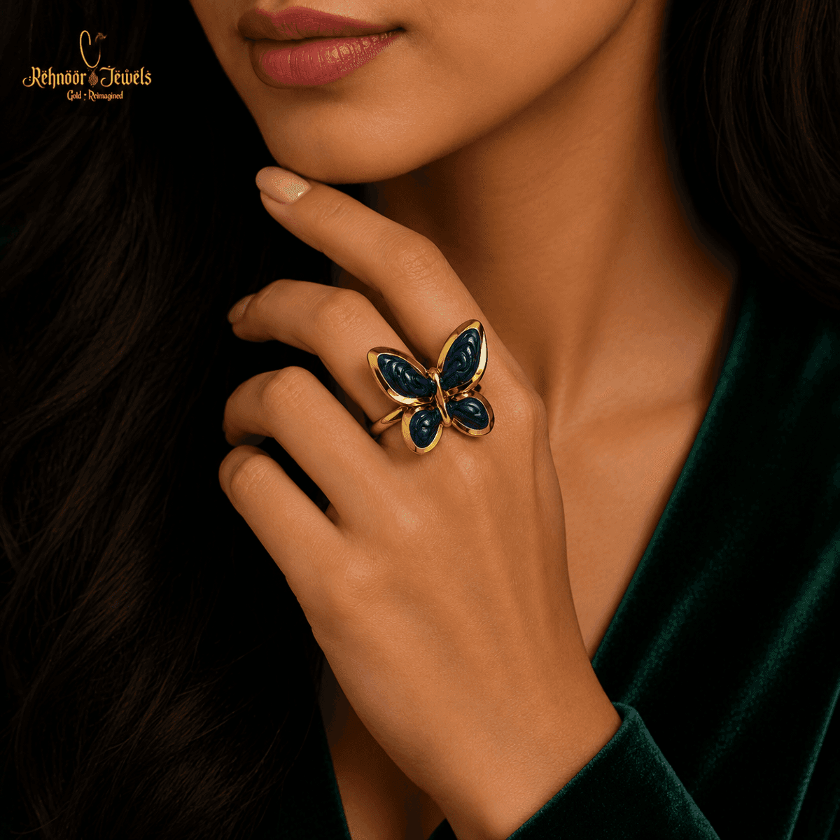 Enamel Butterfly Gold Plated Royal Blue Ring - view 2