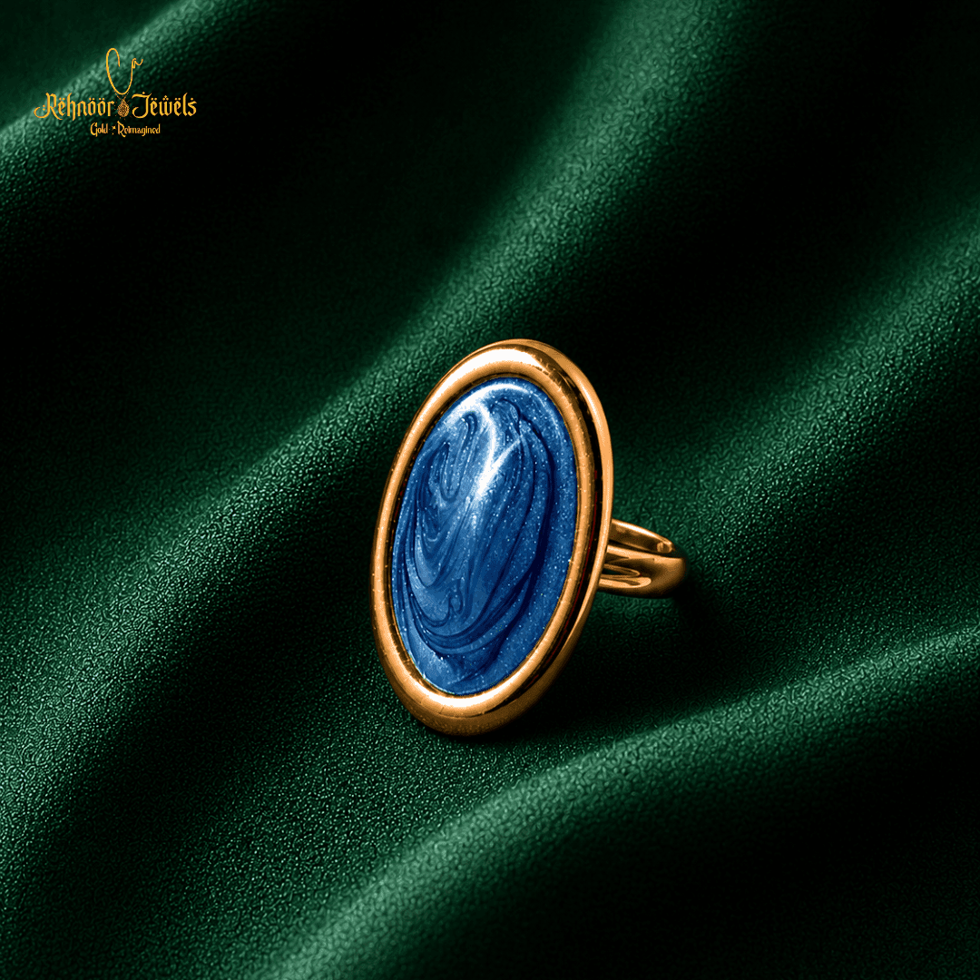 Blue Marbled Oval Statement Gold Plated Ring - view 1