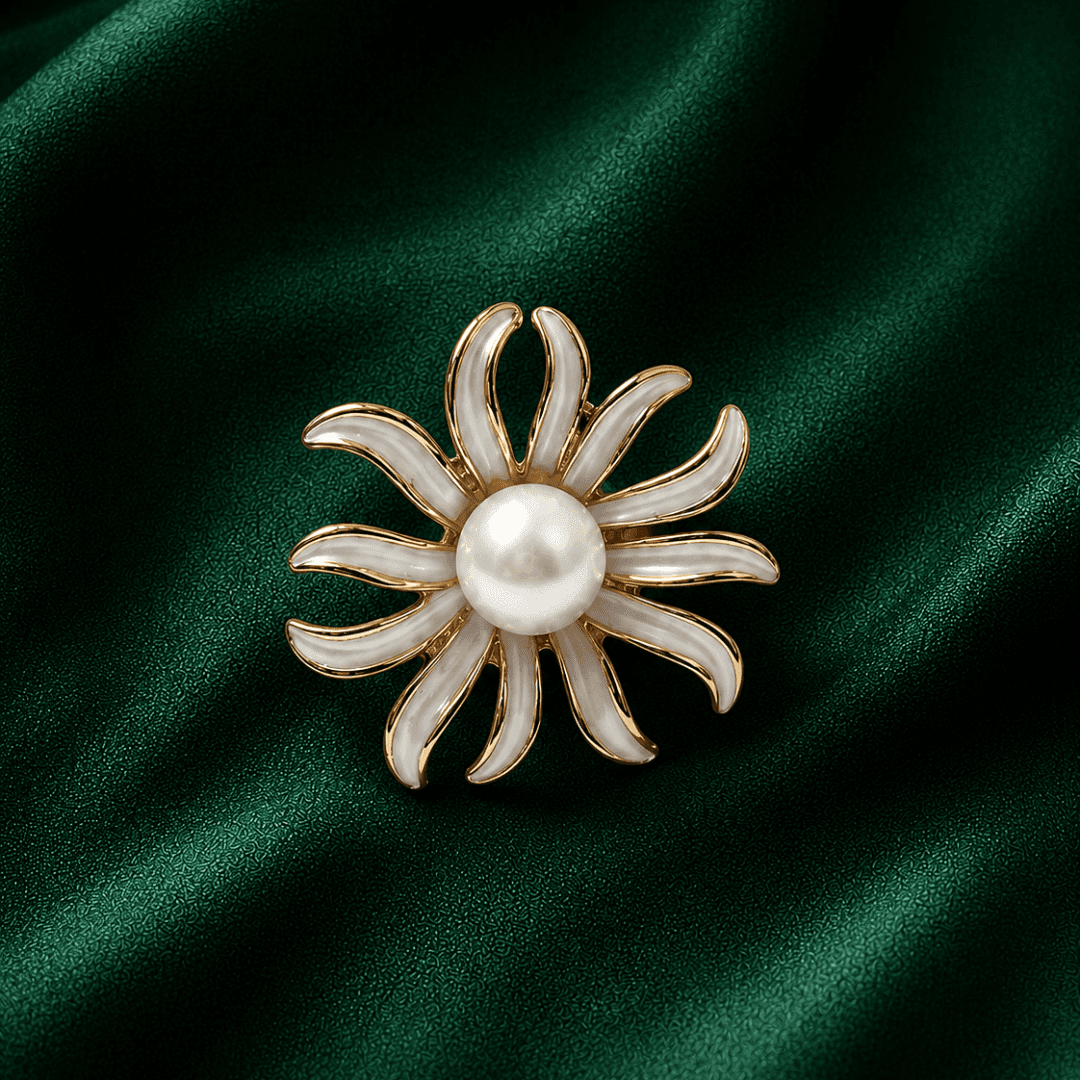 Monochrome White Pearl Sunflower Gold Plated Ring - view 1