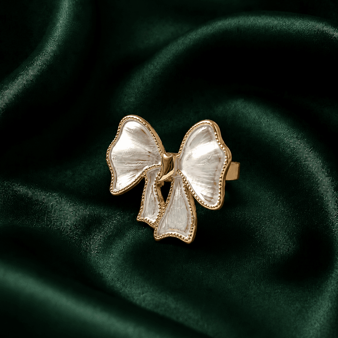 Monochrome White Ribbon Bow Gold Plated Ring - view 1