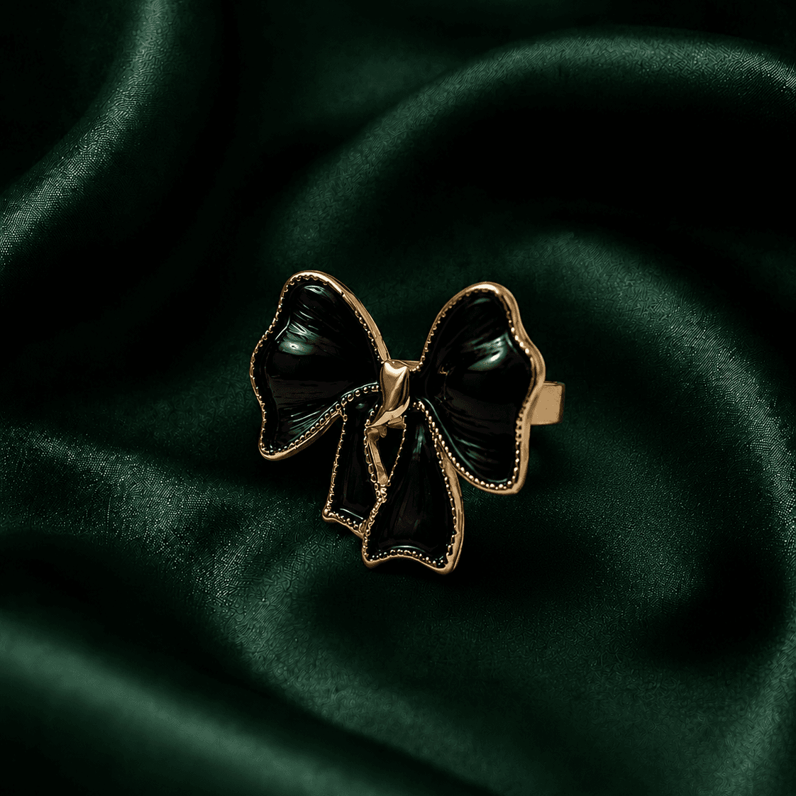 Monochrome Black Ribbon Bow Gold Plated Ring - view 1