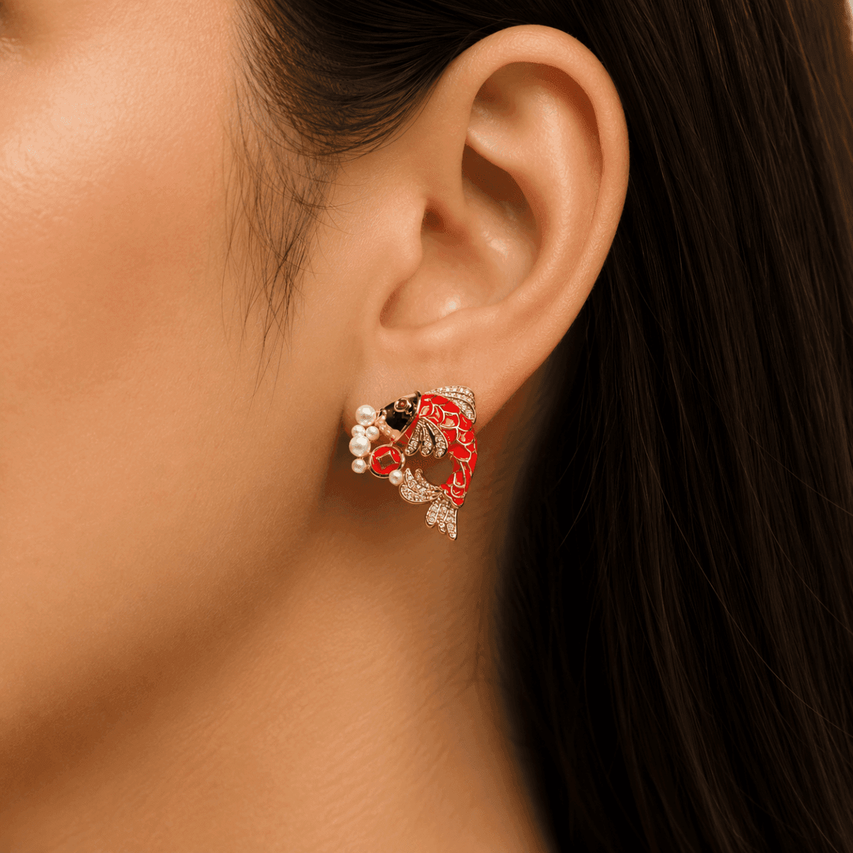 Red Koi Pearl Cascade Earrings - view 2