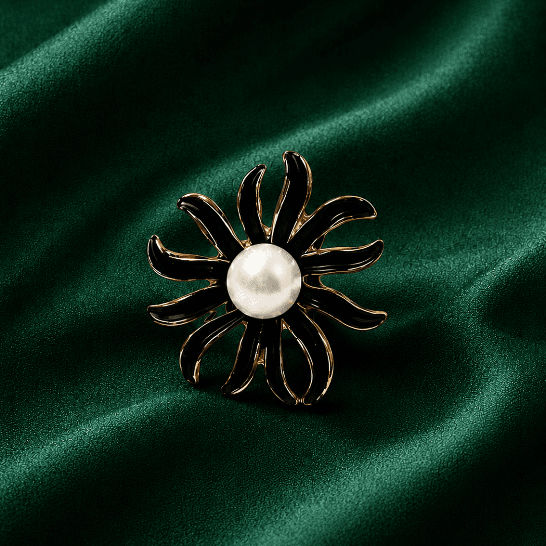 Monochrome Black Pearl Sunflower Gold Plated Ring - view 1
